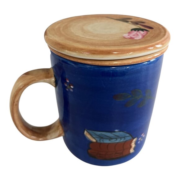 Barnes & Noble Mug – Royal Blue Floral Roses Books – Tea Mug with Infuser & Lid - Picture 3 of 6